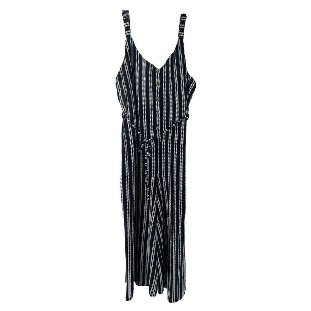 Navy Blue Striped Jumpsuit Womens Size XXL V Neck Wide Leg Belted Sleeveless